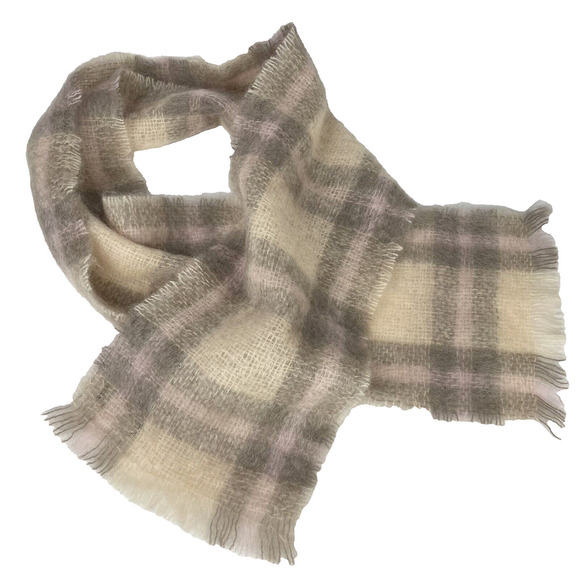 Vintage Foxford Mohair Wool Rectangle Scarf 9x58 Pink Gray Beige Plaid Ireland - Picture 3 of 7